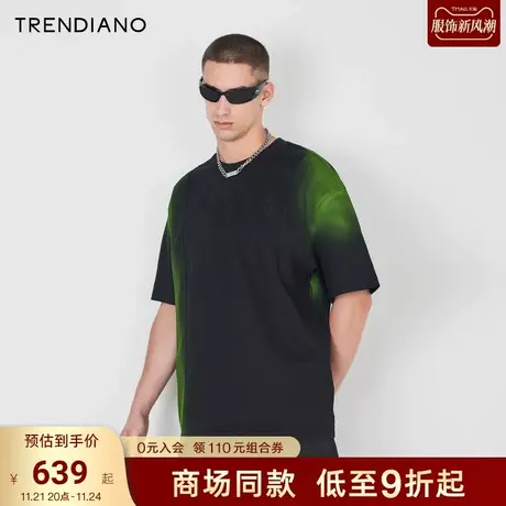 【极光印花】TRENDIANO轻奢纯棉T恤2023夏款黑色短袖上衣宽松潮牌商品大图