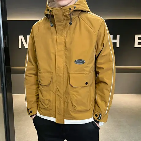 美式外套男士春秋冬季2023新款潮牌日系机能风工装夹克连帽上衣服商品大图