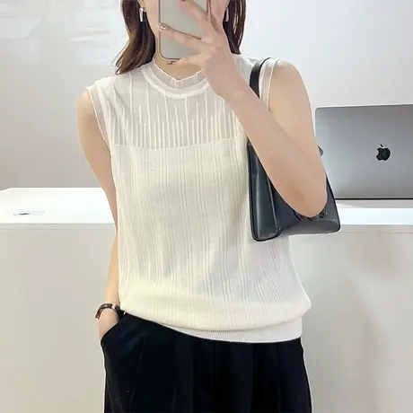 T恤女2023新款韩版宽松夏季纯色无袖针织衫套头镂空上衣毛衣上衣商品大图