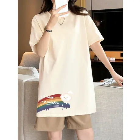 ZR真维斯t恤女2023新款夏季短袖杏色休闲通勤时尚简约感中长t恤女商品大图