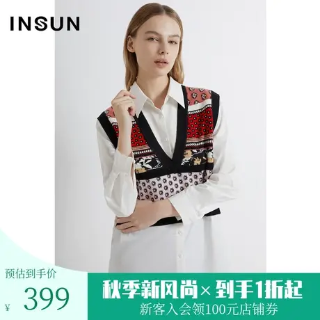 恩裳2023春款新品毛梭拼接款羊毛芝麻底提花假两件针织衫商品大图