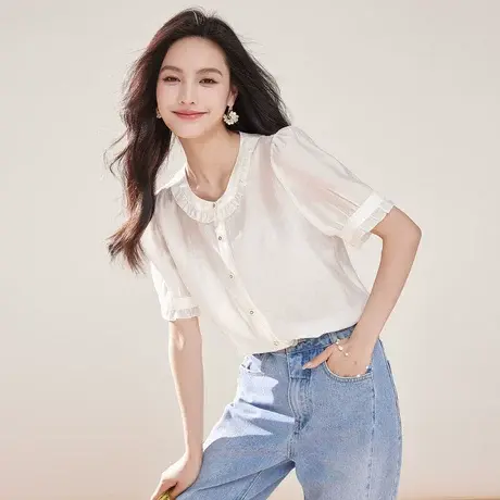 时尚花边领短袖衬衫2023年夏季新款淑女温柔显瘦泡泡袖通勤上衣图片