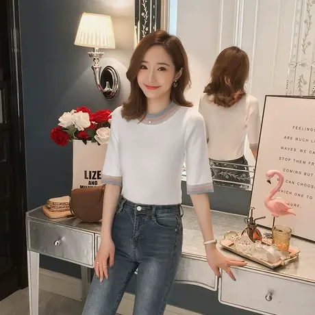 2023春秋新款半高领冰丝五分袖针织衫短袖打底衫女中袖上衣修身薄图片