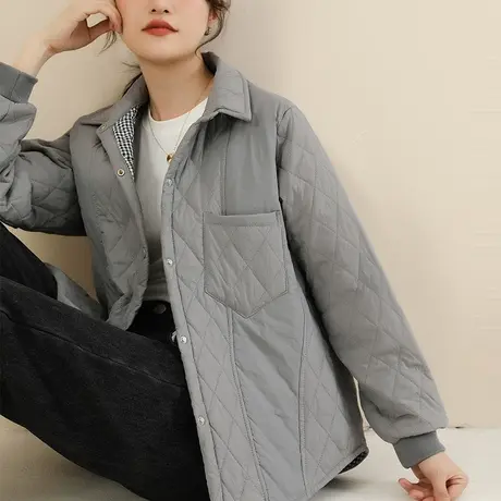 韩潮袭人POLO领菱格纹时尚棉服女2023冬新款宽松休闲保暖小棉袄女图片