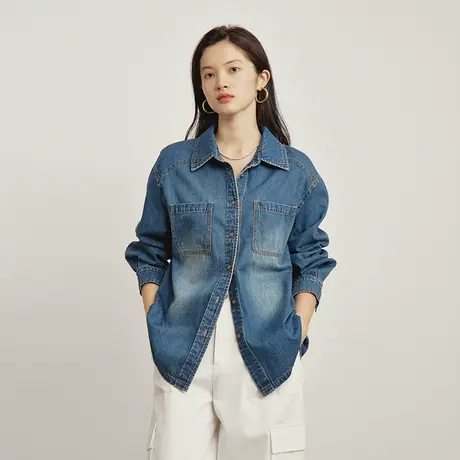 omont蛋挞家 复古牛仔衬衫女2023秋季新款水洗做旧宽松长袖衬衣商品大图