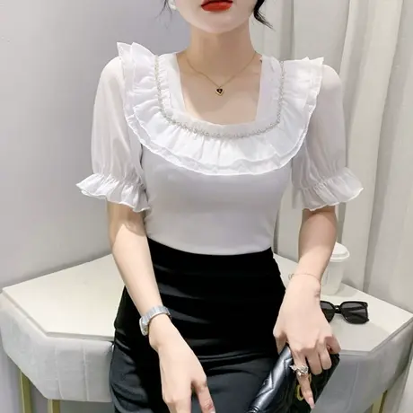欧货气质方领T恤女短袖洋气网纱拼接上衣时尚泡泡袖小衫修身体恤商品大图