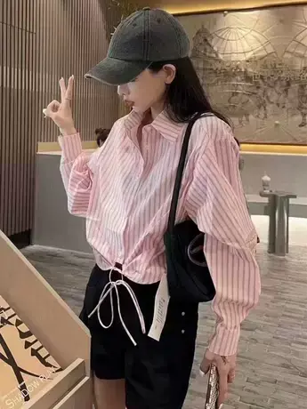 韩版系带条纹长袖衬衫女2023秋季新款小众设计感休闲百搭短款上衣商品大图