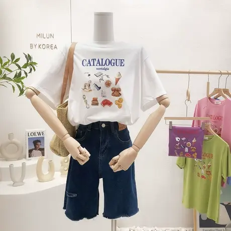 ins复古港味原宿风上衣2022夏季韩国东大门印花圆领短袖T恤设计感图片