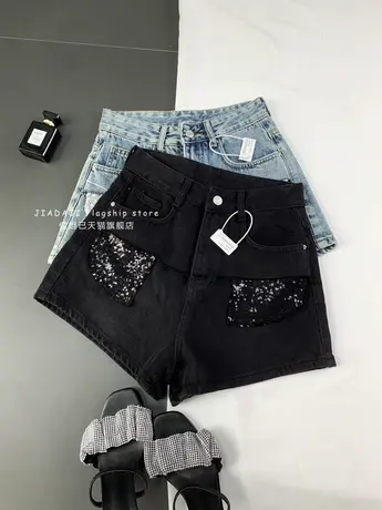 水洗磨白亮片牛仔短裤女2023夏季新款小众设计口袋高腰阔腿a字裤商品大图