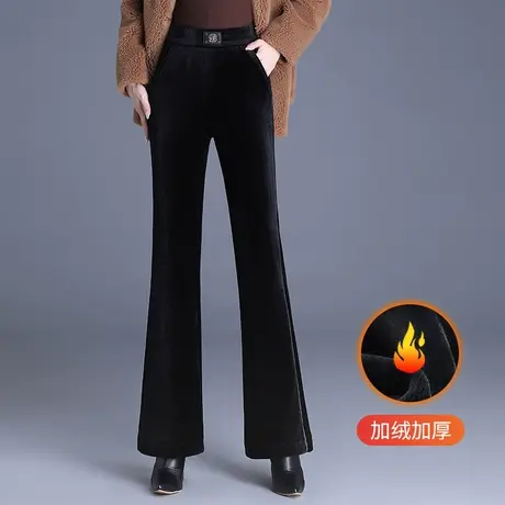 黑色加绒金丝绒喇叭裤女秋冬2023新款松紧高腰气质显瘦微喇长裤子商品大图