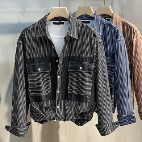 休闲衬衫外套男春秋2023新款高端潮流男装条纹上衣服男士衬衣长袖商品大图