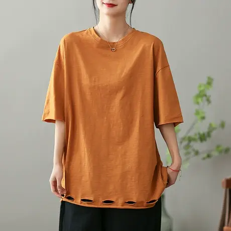 dza文艺全棉纯色女士破洞T恤2023夏新款短袖体恤气质漂亮显瘦上衣图片