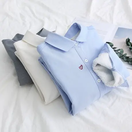 秋冬款日系文艺小清新爱心刺绣加绒加厚白衬衫女学生保暖打底衬衣商品大图