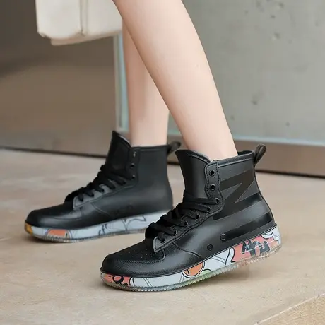 水鞋女款加绒时尚外穿雨鞋2024新款防水防滑雨靴短筒软底系带胶鞋商品大图