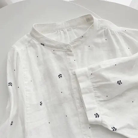 夏文艺小清新宽松双层棉纱七分袖立领衬衫女学生减龄蝙蝠中袖上衣图片