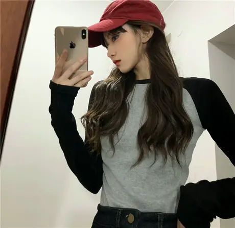 2024早春新款长袖t恤女宽松韩版显瘦百搭内搭打底衫插肩上衣潮ins商品大图