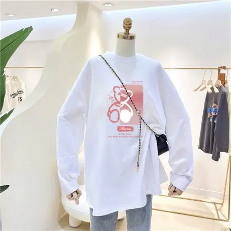 小熊长袖t恤女2022新款宽松韩版休闲百搭中长款磨毛上衣打底衫潮图片