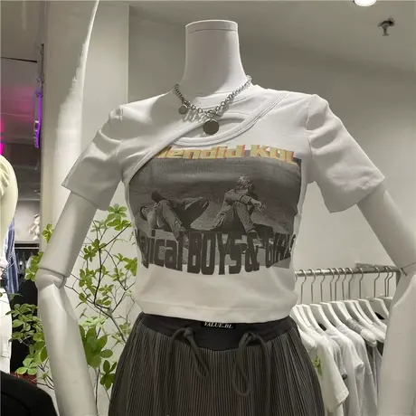 短袖t恤女2021夏季新款韩版ins潮不规则印花图案短款小心机上衣服图片