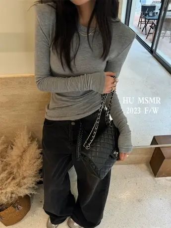 加绒加厚秋冬新款韩版时尚纯色垫肩万能百搭长袖t恤女打底衫上衣商品大图