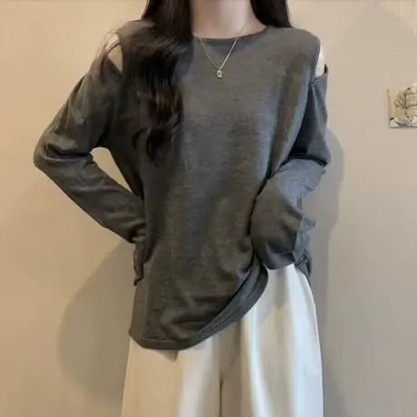 露肩设计感长袖T恤女秋冬韩版百搭宽松显瘦内搭加绒套头打底衫潮商品大图