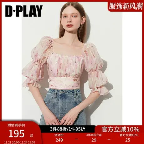 DPLAY2025年夏季法式泡泡袖粉色衬衫女方领蝴蝶结短款上衣衬衣图片