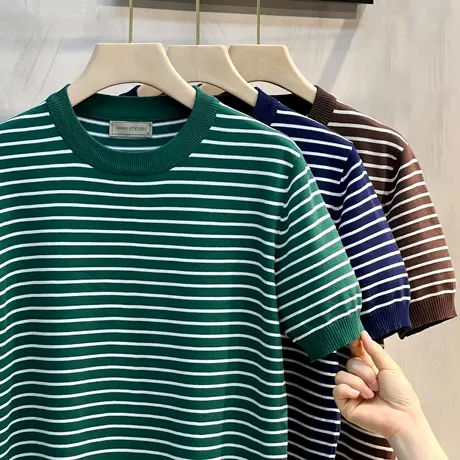 夏季圆领条纹短袖男宽松轻熟风男装冰丝针织横条T恤韩版修身潮流商品大图