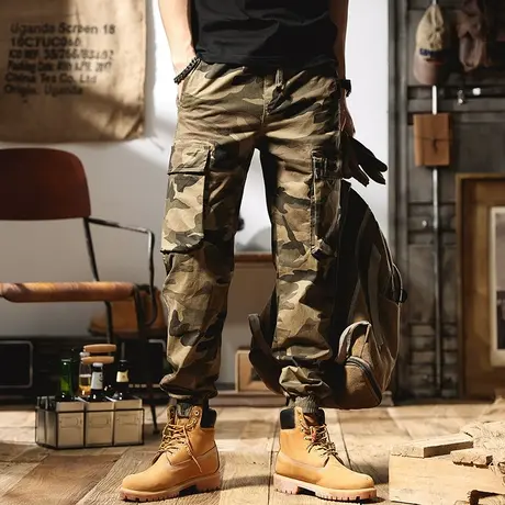 2022新款迷彩工装裤男宽松直筒束脚裤潮牌高端美式复古休闲长裤子图片