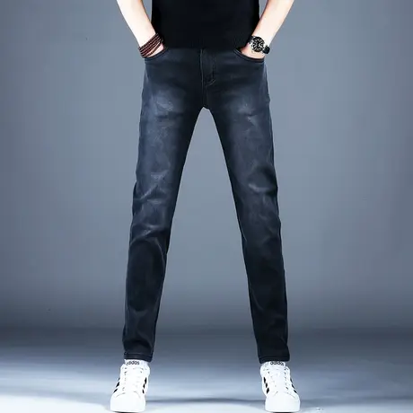 男士秋冬季新款牛仔裤子简约修身黑色百搭小脚裤2023厚款棉弹潮牌商品大图