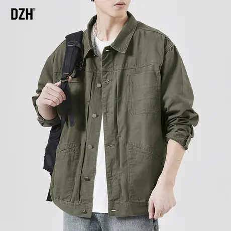 男生军绿色工装外套男春秋款潮牌翻领上衣宽松夹克男装2023年新款商品大图