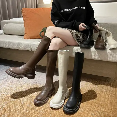 黑色厚底小个子长筒长靴女鞋2023年新款高筒骑士靴子春秋季单靴子图片