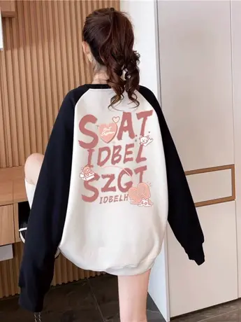 oversize撞色卫衣女大码胖mm2023春秋新款宽松慵懒风插肩袖外套女图片