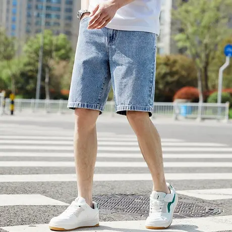 唐狮夏新浅色牛仔短裤男直筒宽松薄款牛仔中裤韩版美式潮流裤子图片