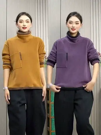 加绒加厚卫衣女秋冬新款时尚简约百搭保暖奥利绒撞色口袋高领上衣图片