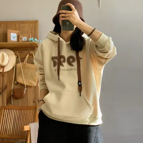 dza 复古连帽字母加绒卫衣外套女冬季新款宽松内搭打底长袖上衣女图片