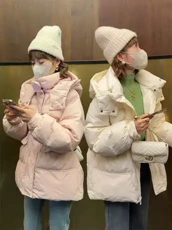2023年新款韩系收腰羽绒服女中长款冬季白鸭绒连帽立领保暖外套冬商品大图