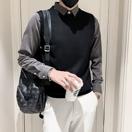 秋冬季假两件衬衫领毛线针织衫潮流韩版休闲高级感个性套头打底衫商品大图