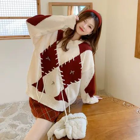 othermix绑带设计撞色毛衣女2023秋冬新款宽松甜美小清新针织上衣图片