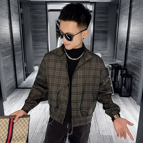 秋冬男士夹克修身立领潮流格子时尚休闲潮牌百搭ins机车网红上衣商品大图