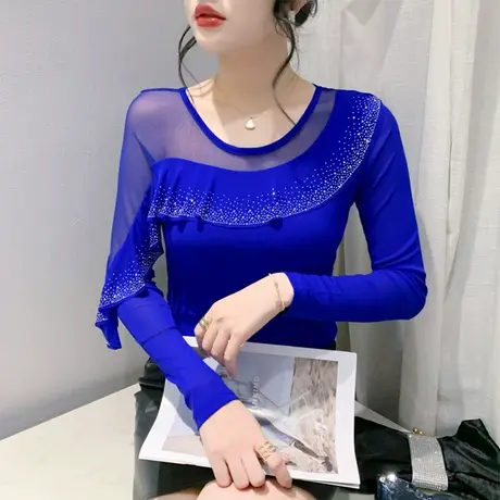 荷叶边网纱打底衫女春秋新款性感镂空气质上衣设计感烫钻T恤长袖图片