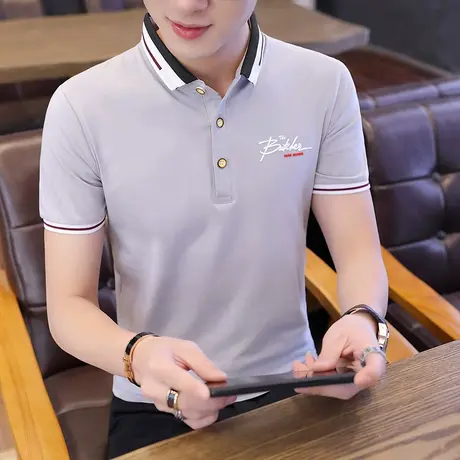 夏季男士短袖t恤 翻领条纹polo衫男修身韩版潮流半袖体恤男装衣服商品大图