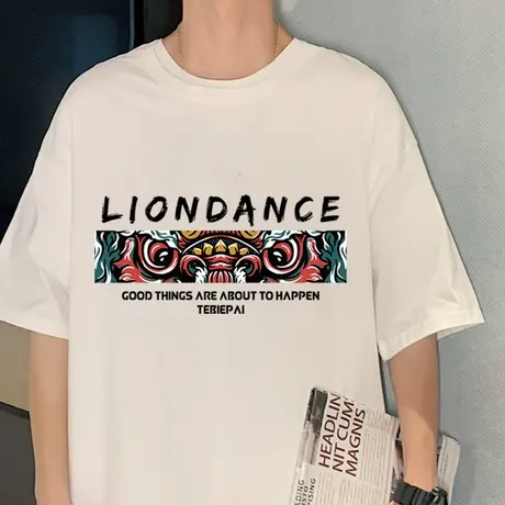 港风纯棉短袖t恤男夏季ins潮牌醒狮印花半袖国潮上衣服宽松打底衫商品大图