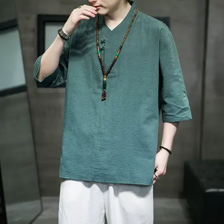 中国风夏季男复古短袖T恤棉麻亚麻盘扣古风汉服中袖打底衫斜襟潮图片