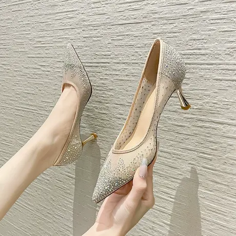 高跟鞋女细跟2024年新款春秋性感百搭尖头网纱仙女风水钻浅口单鞋商品大图