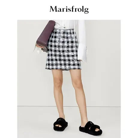【商场同款】玛丝菲尔半身裙春季新款黑白格环保珠片轻礼半身裙商品大图