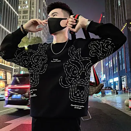 潮牌卫衣男暗黑个性龙头印花设计感外套上衣春季新款痞帅长袖T恤商品大图