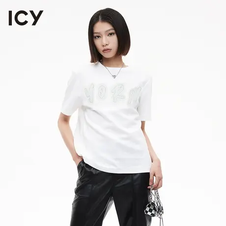 icy女装简约风钉缝撞色设计牛仔LOGO休闲感百搭圆领宽松短袖T恤女商品大图