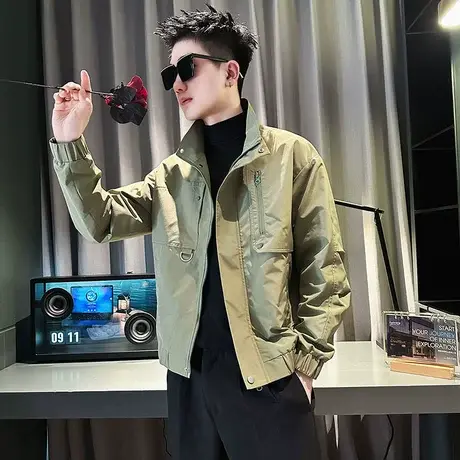 春季工装外套男2024纯色潮牌立领痞帅飞行员夹克上衣个性男装褂子商品大图