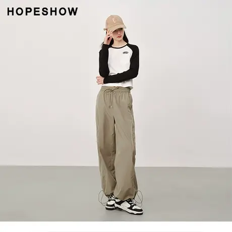 红袖春季2024新款女装 撞色线抽绳松紧腰阔腿长裤90124051203商品大图