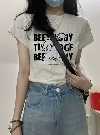 纯棉正肩短袖t恤女夏季修身设计感小众美式复古内搭打底小衫上衣商品大图