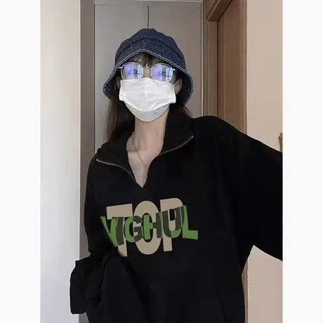 polo领半拉链卫衣女春秋季薄款美式复古宽松慵懒风设计感翻领上衣图片